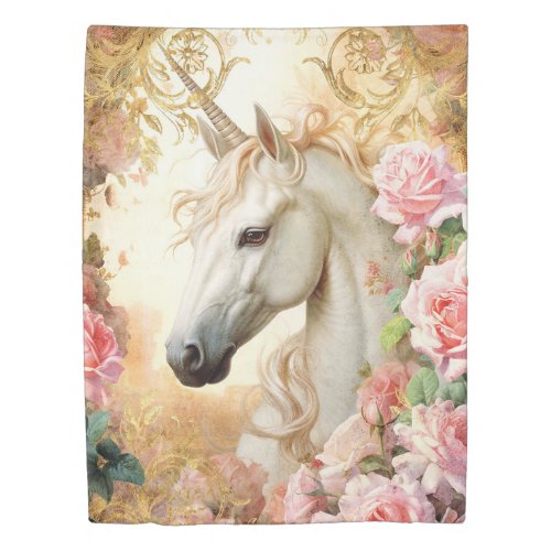 Unicorn and Pink Roses Duvet Cover