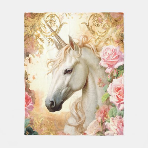 Unicorn and Pink Roses Fleece Blanket