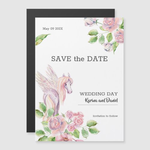 Unicorn and pink roses frame magnetic invitation