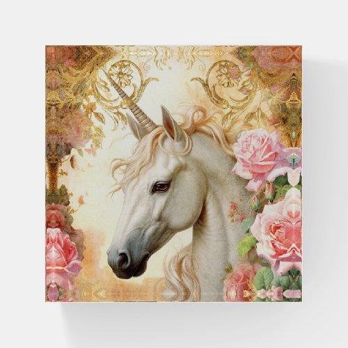 Unicorn and Pink Roses Paperweight