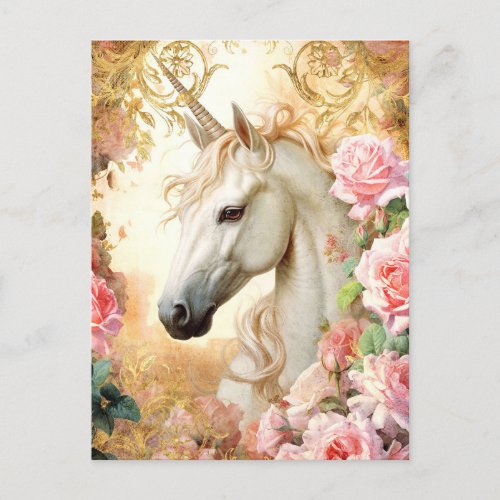 Unicorn and Pink Roses Postcard