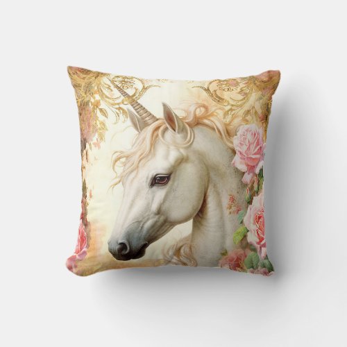 Unicorn and Pink Roses Throw Pillow