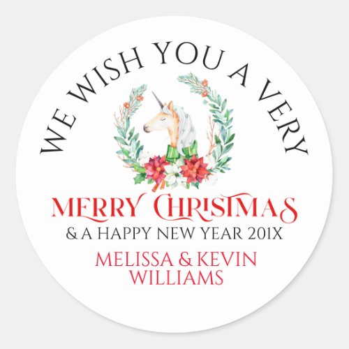 Unicorn and poinsettia Merry Christmas typography Classic Round Sticker