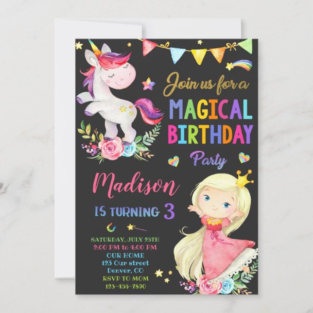Unicorn and Princess birthday invitation (Front)