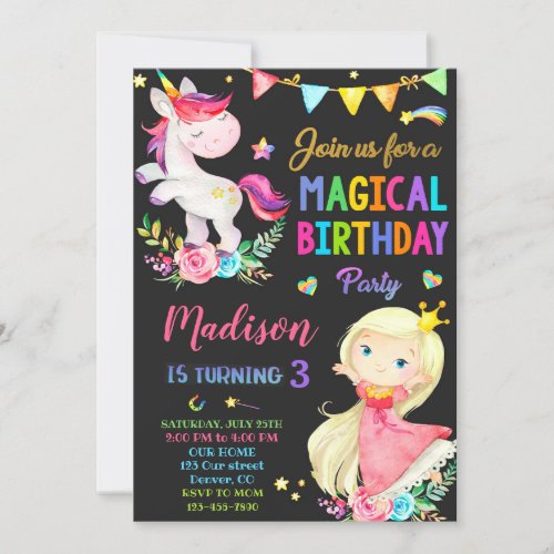 Unicorn and Princess birthday invitation