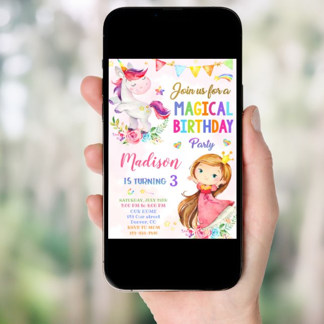 Unicorn and Princess birthday invitation (Front Digital)