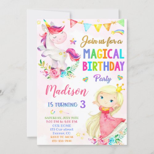 Unicorn and Princess birthday invitation
