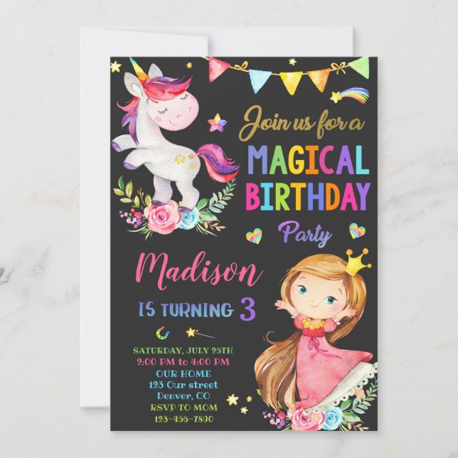 Unicorn and Princess birthday invitation (Front)