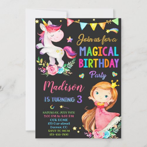 Unicorn and Princess birthday invitation