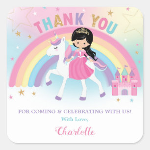Unicorn and Princess Birthday Thank You Favor Square Sticker