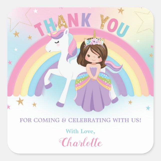 Unicorn and Princess Birthday Thank You Favor Square Sticker (Front)