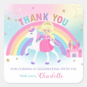 Unicorn and Princess Birthday Thank You Favor Square Sticker