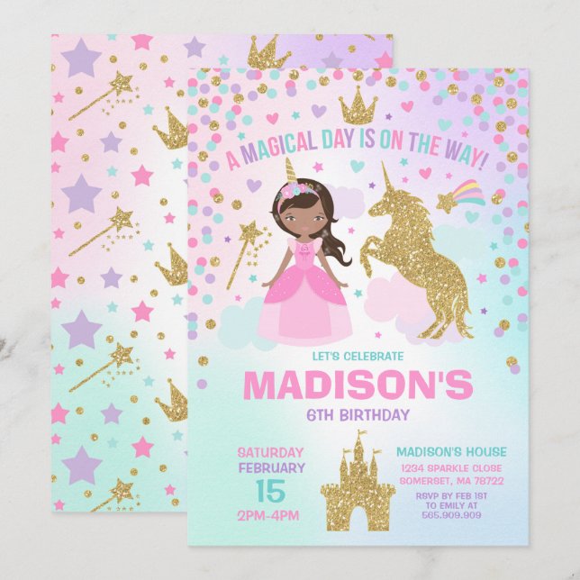 Unicorn And Princess Invitation Magical Birthday (Front/Back)