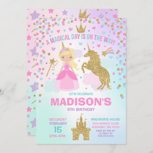Unicorn And Princess Invitation Magical Birthday