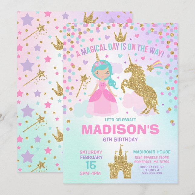 Unicorn And Princess Invitation Magical Birthday (Front/Back)