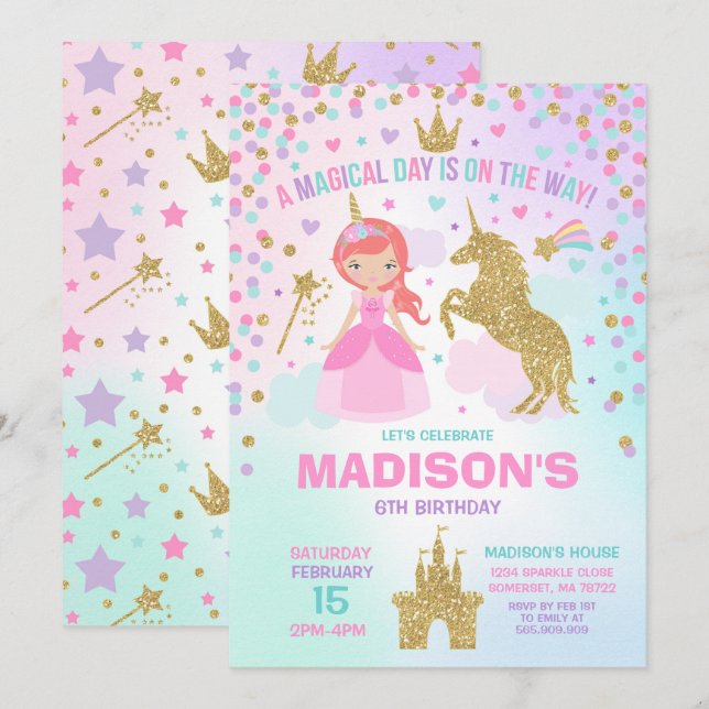 Unicorn And Princess Invitation Magical Birthday (Front/Back)