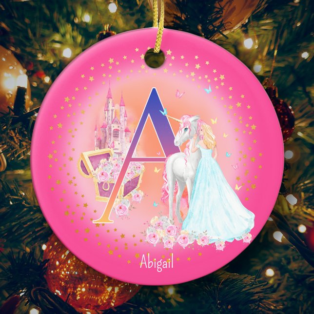 Unicorn and Princess Letter A Monogram Christmas Ceramic Ornament (This pretty pink monogrammed Christmas ornament is perfect for your little princess!)