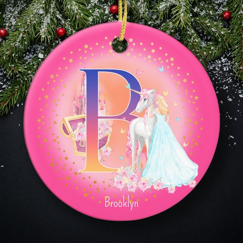 Unicorn and Princess Letter B Monogram Christmas Ceramic Ornament