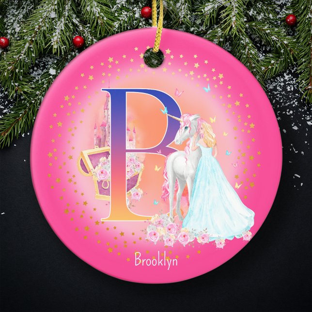 Unicorn and Princess Letter B Monogram Christmas Ceramic Ornament (This pretty pink monogrammed Christmas ornament is perfect for your little princess!)