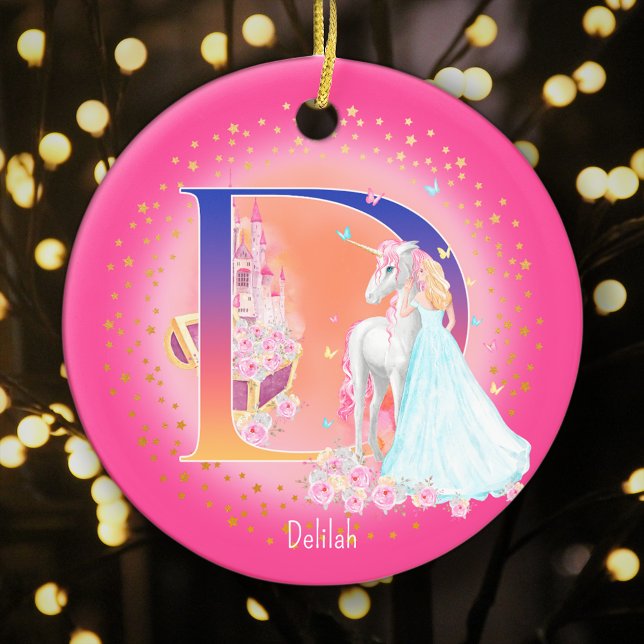 Unicorn and Princess Letter D Monogram Christmas Ceramic Ornament (This pretty pink monogrammed Christmas ornament is perfect for your little princess!)