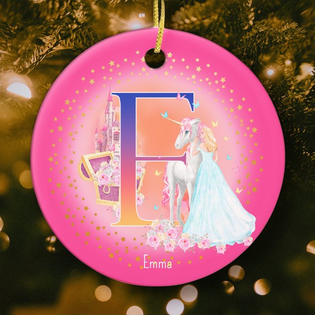 Unicorn and Princess Letter E Monogram Christmas Ceramic Ornament (This pretty pink monogrammed Christmas ornament is perfect for your little princess!)