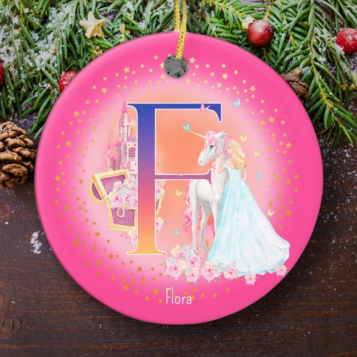 Unicorn and Princess Letter F Monogram Christmas Ceramic Ornament