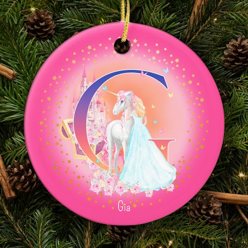 Unicorn and Princess Letter G Monogram Christmas Ceramic Ornament