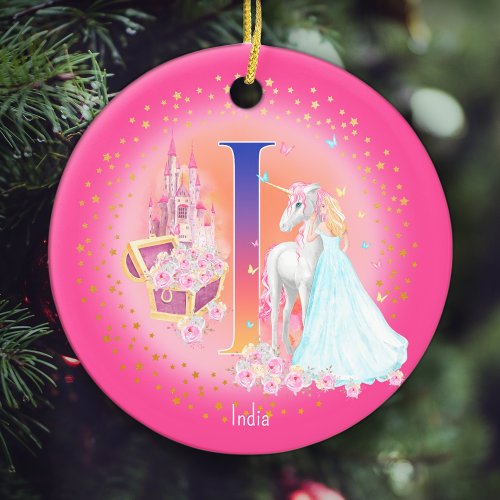 Unicorn and Princess Letter I Monogram Christmas Ceramic Ornament