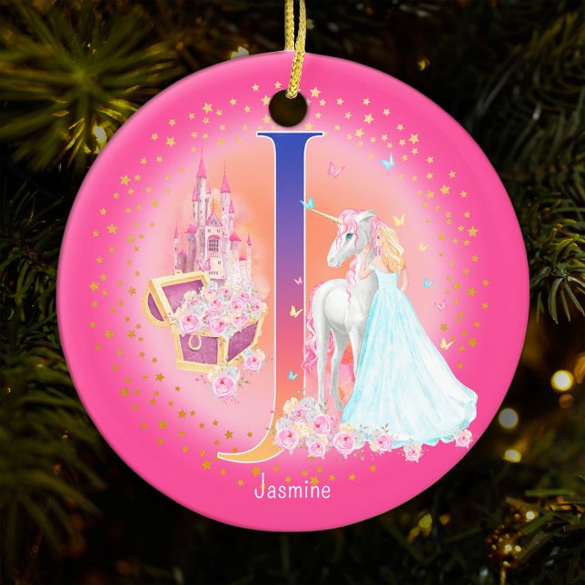 Unicorn and Princess Letter J Monogram Christmas Ceramic Ornament (This pretty pink monogrammed Christmas ornament is perfect for your little princess!)