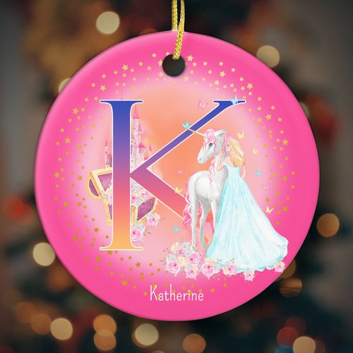Unicorn and Princess Letter K Monogram Christmas Ceramic Ornament