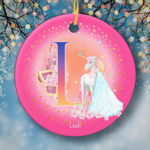 Unicorn and Princess Letter L Monogram Christmas Ceramic Ornament