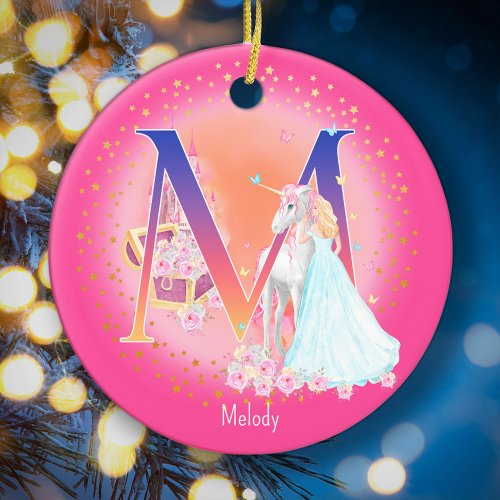 Unicorn and Princess Letter M Monogram Christmas Ceramic Ornament