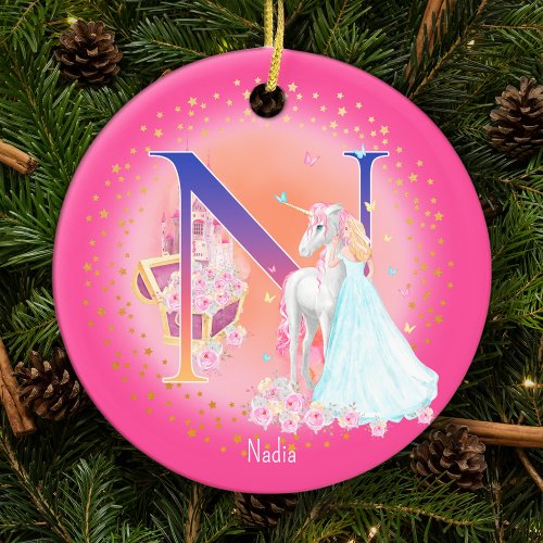 Unicorn and Princess Letter N Monogram Christmas Ceramic Ornament