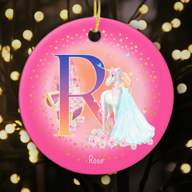 Unicorn and Princess Letter R Monogram Christmas Ceramic Ornament (This pretty pink monogrammed Christmas ornament is perfect for your little princess!)
