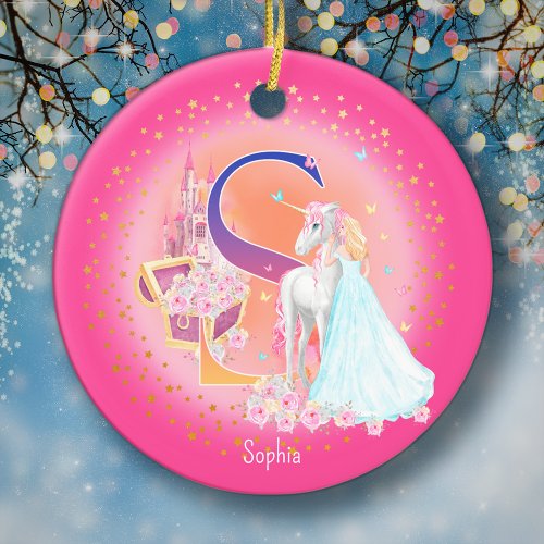 Unicorn and Princess Letter S Monogram Christmas Ceramic Ornament
