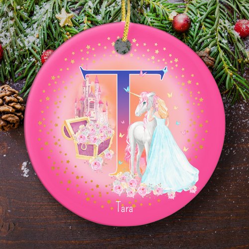 Unicorn and Princess Letter T Monogram Christmas Ceramic Ornament