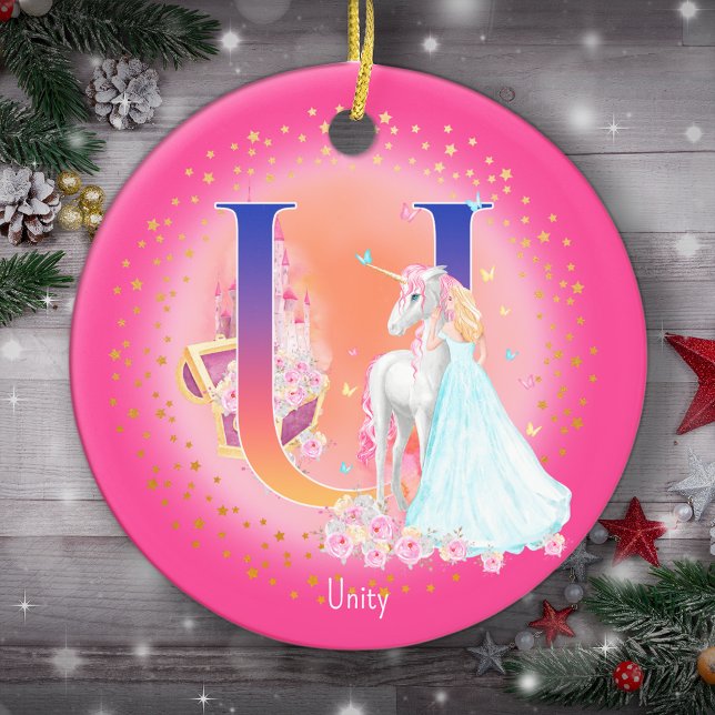 Unicorn and Princess Letter U Monogram Christmas Ceramic Ornament (This pretty pink monogrammed Christmas ornament is perfect for your little princess!)