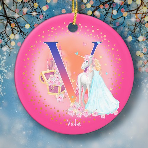 Unicorn and Princess Letter V Monogram Christmas Ceramic Ornament