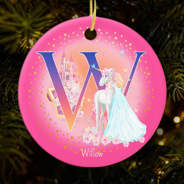 Unicorn and Princess Letter W Monogram Christmas Ceramic Ornament (This pretty pink monogrammed Christmas ornament is perfect for your little princess!)