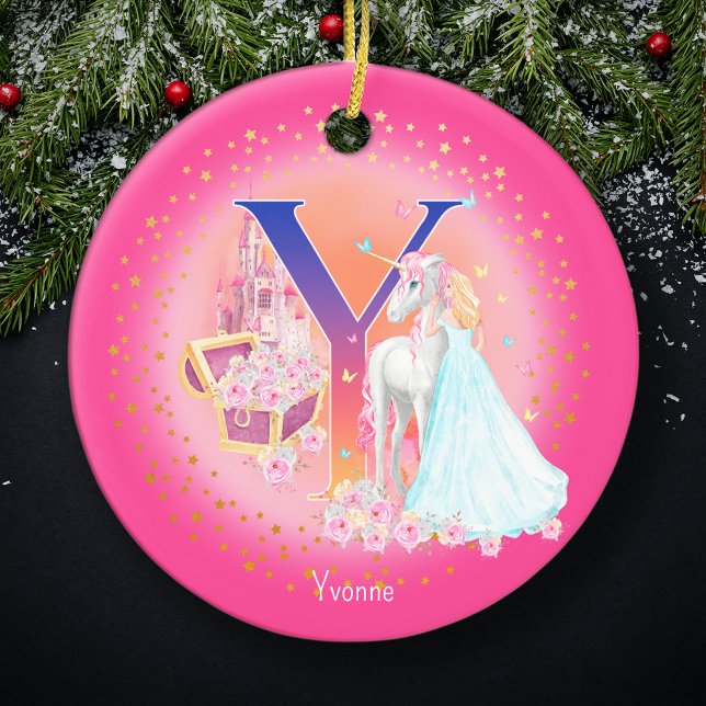 Unicorn and Princess Letter Y Monogram Christmas Ceramic Ornament (This pretty pink monogrammed Christmas ornament is perfect for your little princess!)