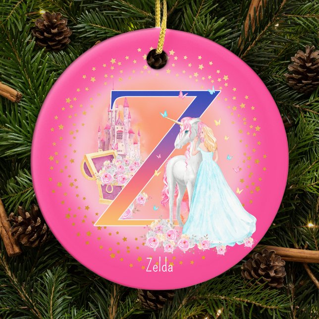 Unicorn and Princess Letter Z Monogram Christmas Ceramic Ornament (This pretty pink monogrammed Christmas ornament is perfect for your little princess!)