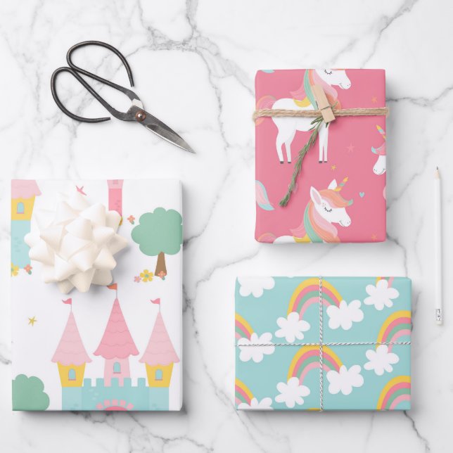 Unicorn and Princess Pattern Wrapping Paper Sheets (Front)
