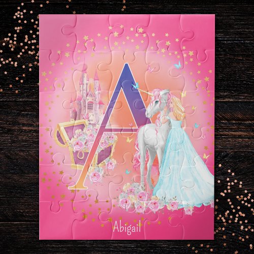 Unicorn and Princess with Castle Letter A Monogram Jigsaw Puzzle