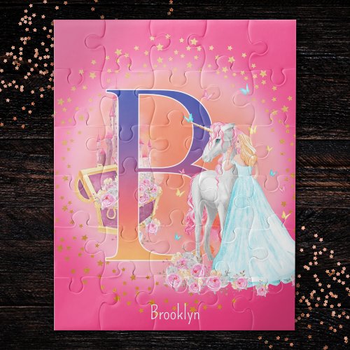 Unicorn and Princess with Castle Letter B Monogram Jigsaw Puzzle