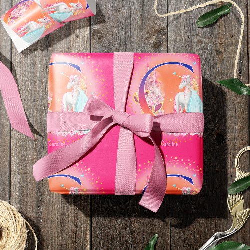 Unicorn and Princess with Castle Letter C Monogram Wrapping Paper