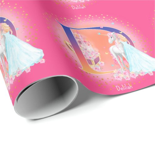 Unicorn and Princess with Castle Letter D Monogram Wrapping Paper