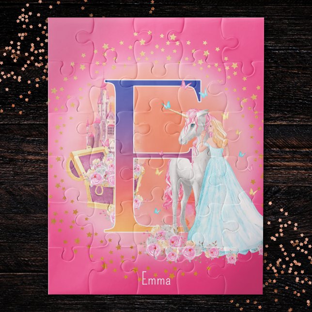 Unicorn and Princess with Castle Letter E Monogram Jigsaw Puzzle (Creator Uploaded)