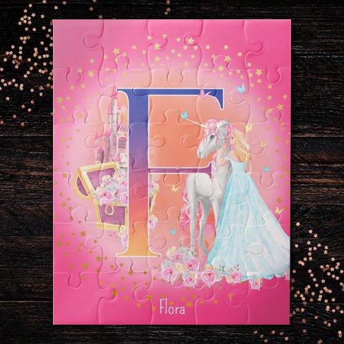 Unicorn and Princess with Castle Letter F Monogram Jigsaw Puzzle