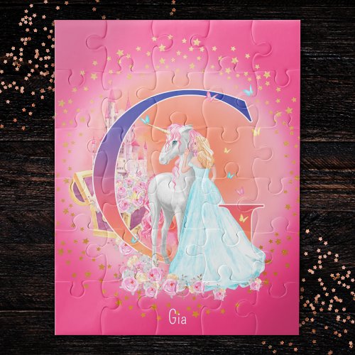 Unicorn and Princess with Castle Letter G Monogram Jigsaw Puzzle