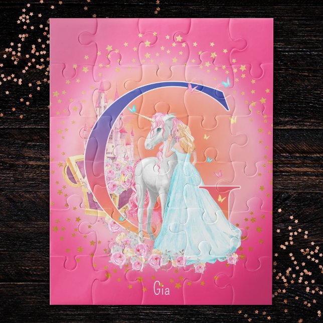 Unicorn and Princess with Castle Letter G Monogram Jigsaw Puzzle (Creator Uploaded)